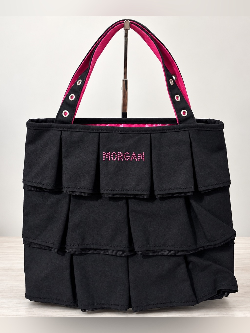 Morgan De Toi Y2K Black Ruffle Tote Bag Pink Rhinestone Logo VTG McBling Purse